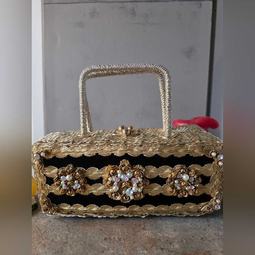Vintage Gold and Black Hard Handbag